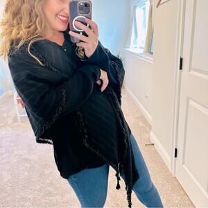 Beaded Black Wool Striped Fringe Shawl Scarf